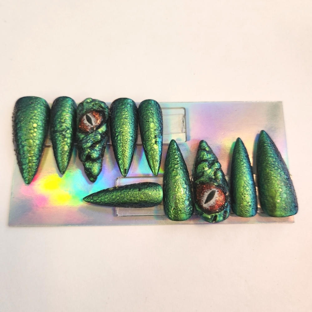 FantaSea Fingers Green 3D Dragon Medium Stiletto Nails Size Large